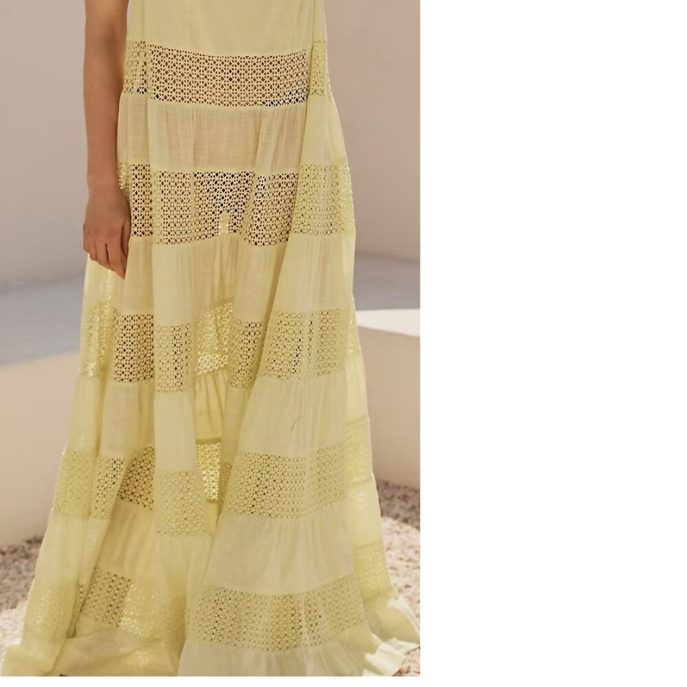 By Anthropologie Sheer Lace Tiered Midi Dress XL new with tag YELLOW - Picture 2 of 9